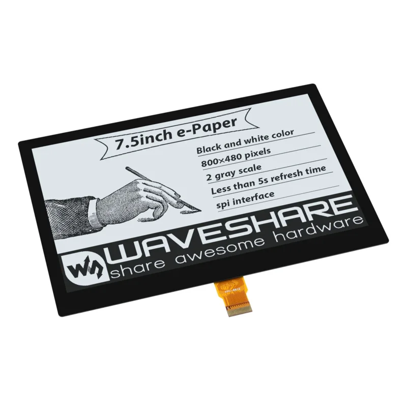 

Waveshare 7.5inch e-Paper (G) E-Ink Fully Laminated Display, 800×480, Black / White, SPI, without PCB