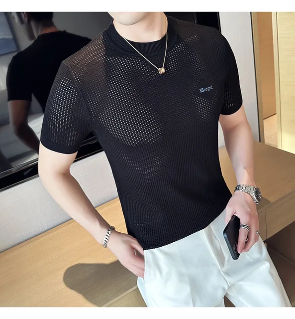  ZOKOL Summer Thin Ice Silk Knitted Shirts Mens Elasticity Mesh  Casual T Shirt Male Short Sleeve O-Neck Slim Fit Breathable (Color :  Orange, Size : Asian XXL 70-77KG) : Clothing, Shoes