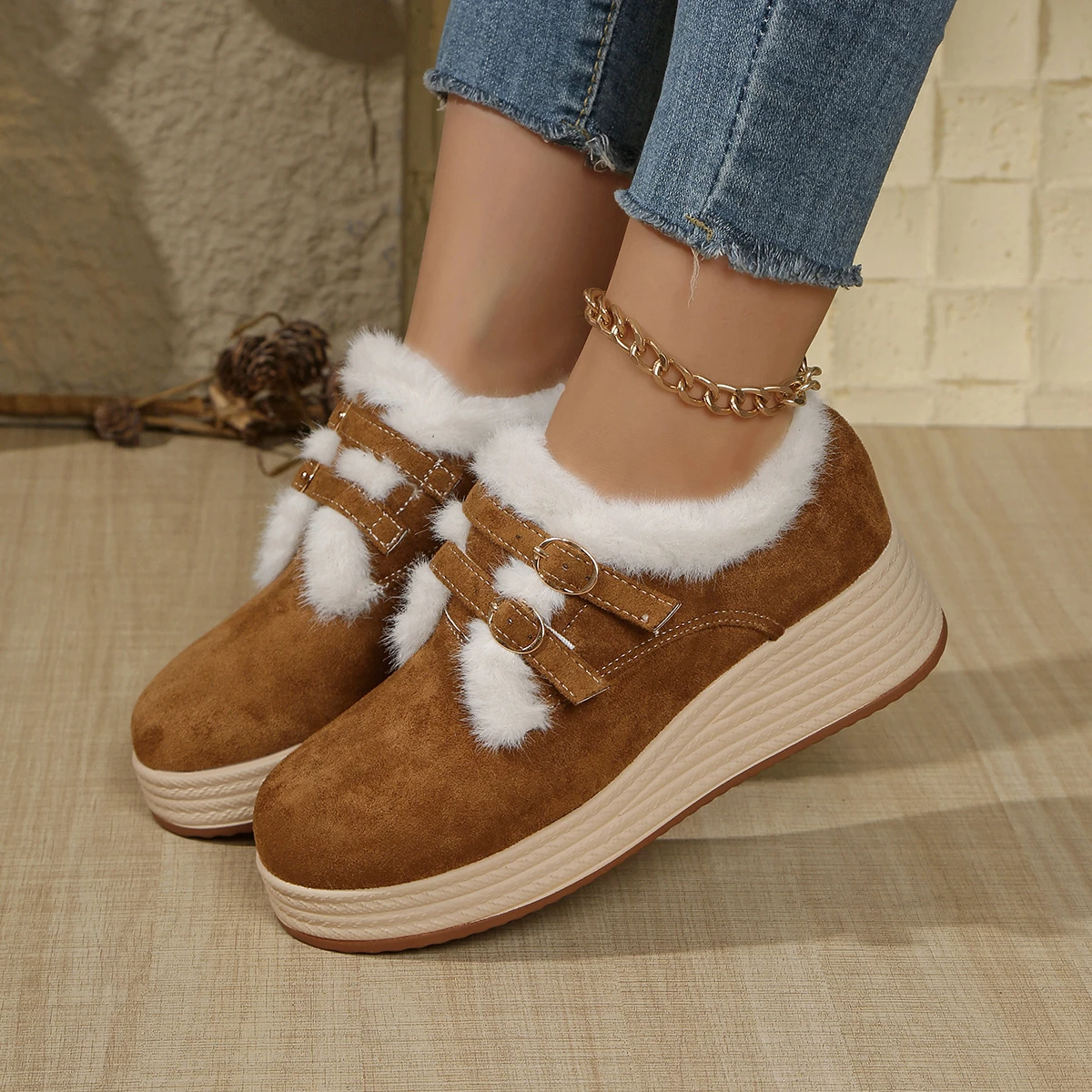 Aphixta Classic 5cm Wedge Heels Woman Ankle Boots Hook Loop Suede Furry Woman Shoes Warm Plush Lining Winter Lady Footwear
