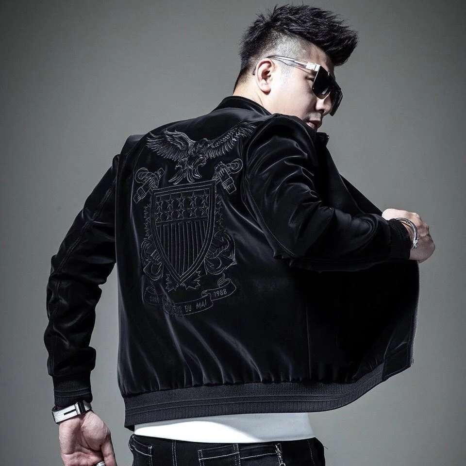 

Luxury brand 2023 new autumn winter PU leather coat male eagle embroidery handsome Korean fashion stand collar jacket