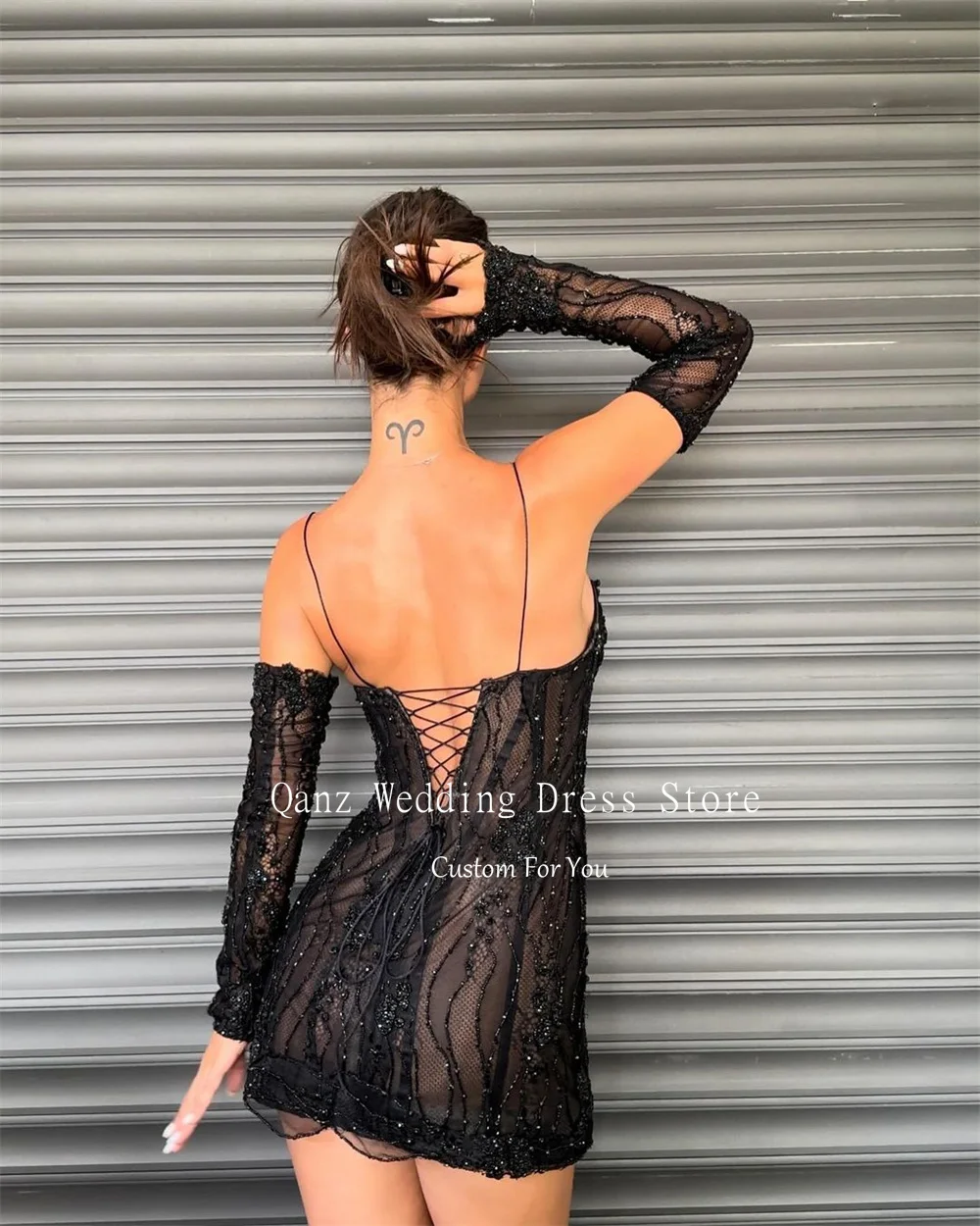 Sexy Prom Dresses Full Sleeves Beadings Mini Short Cocktail Dresses Lace Up Back Strapless Birthday Dress Customized