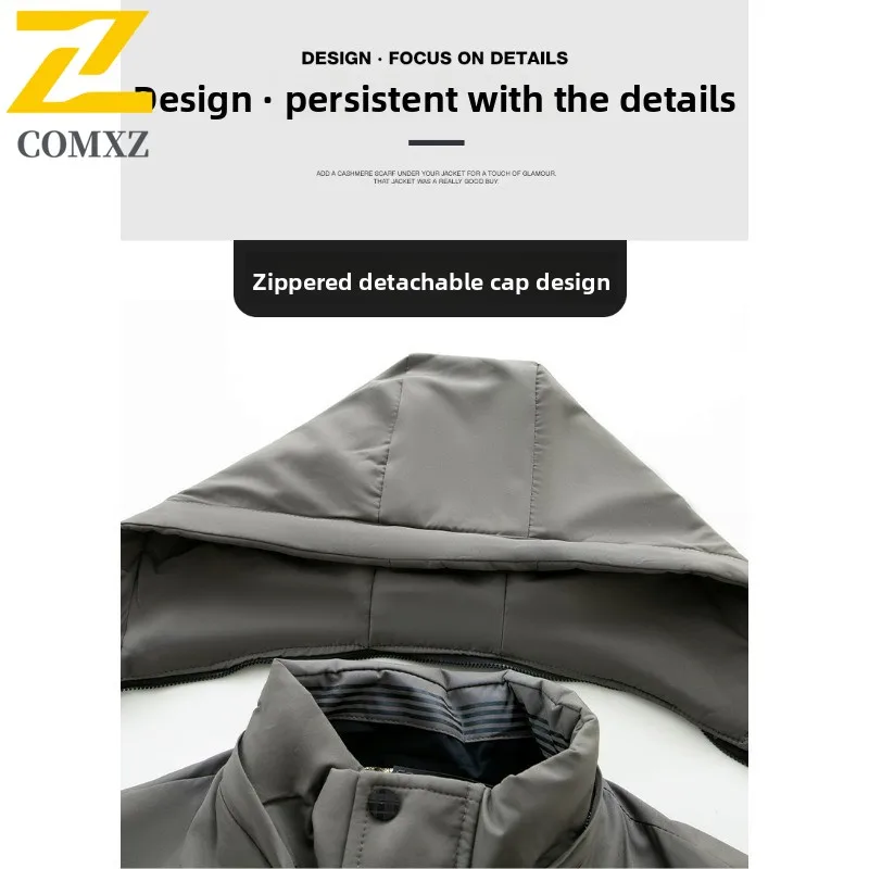 Men Detachable Hood windbreaker Fleece Lined Thickened Long Jacket Winter Thermal Windproof windproof Cold Weather Streetwear