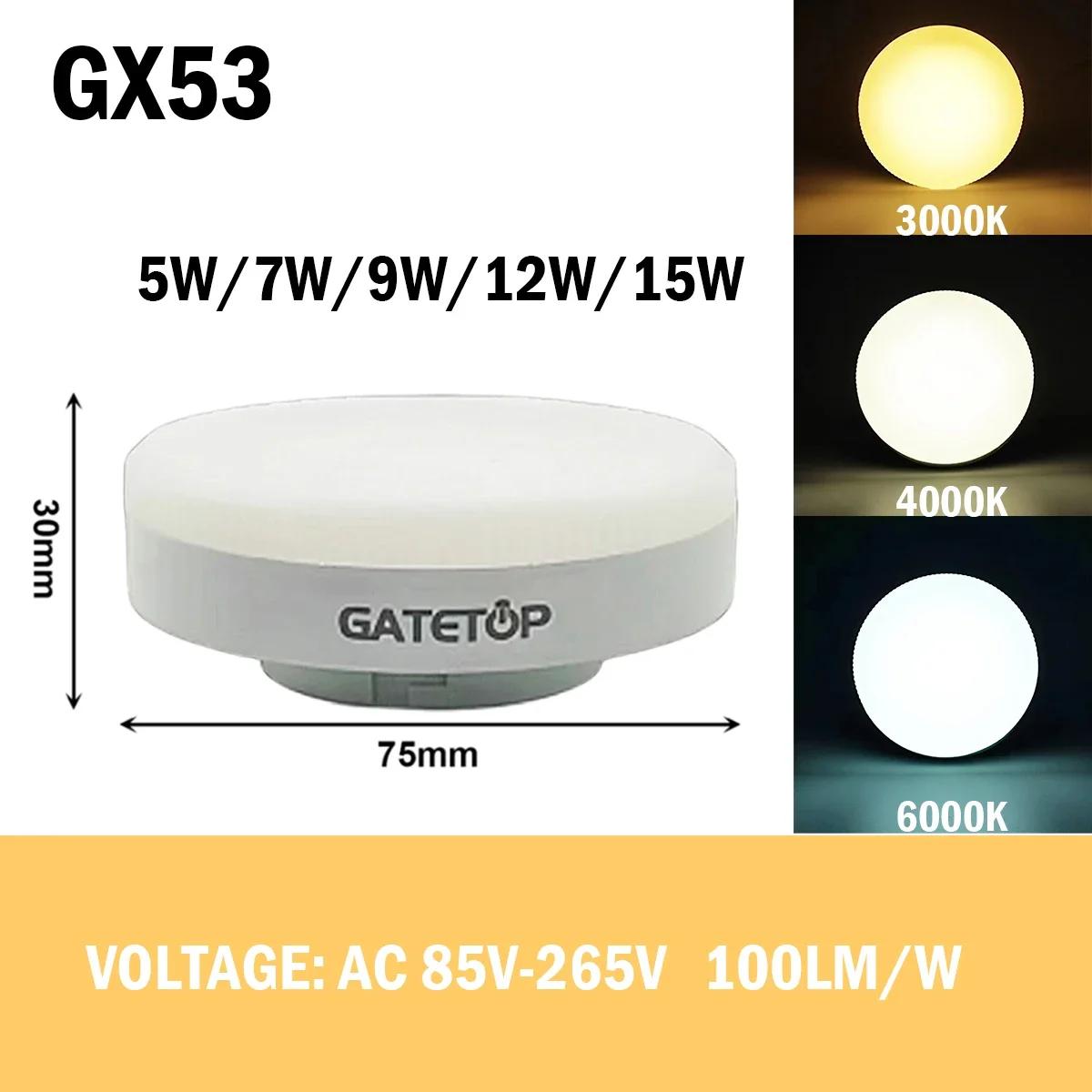 주방 및 사무실 조명용 LED 캐비닛 스포트라이트, GX53 AC85-265V, 5W-15W, 높은 루멘, 깜박임 없음, 따뜻한, 낮, 차가운 흰색 조명, 1 개