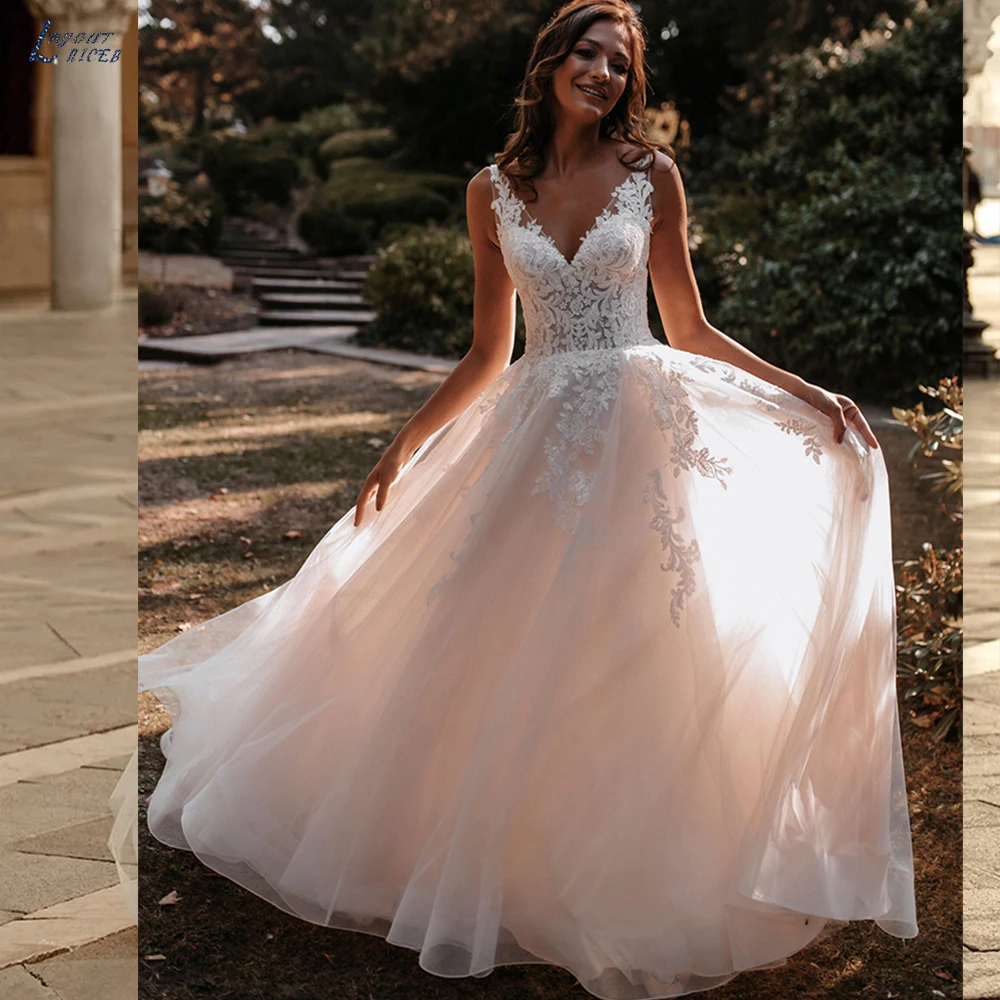 

A-line V-neck Tulle Backless Wedding Dress Lace Vestidos De Novia For Women 2023 Appliques Tea-length Bridal Gowns Custom Made