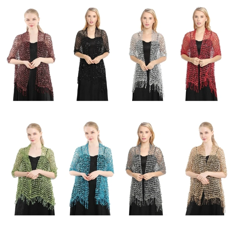 

652F Fashion Summer Wedding Party Shawl for Woman Tassels Trim Wrap Casual Shawls with Shinning Sequins Female Supplies
