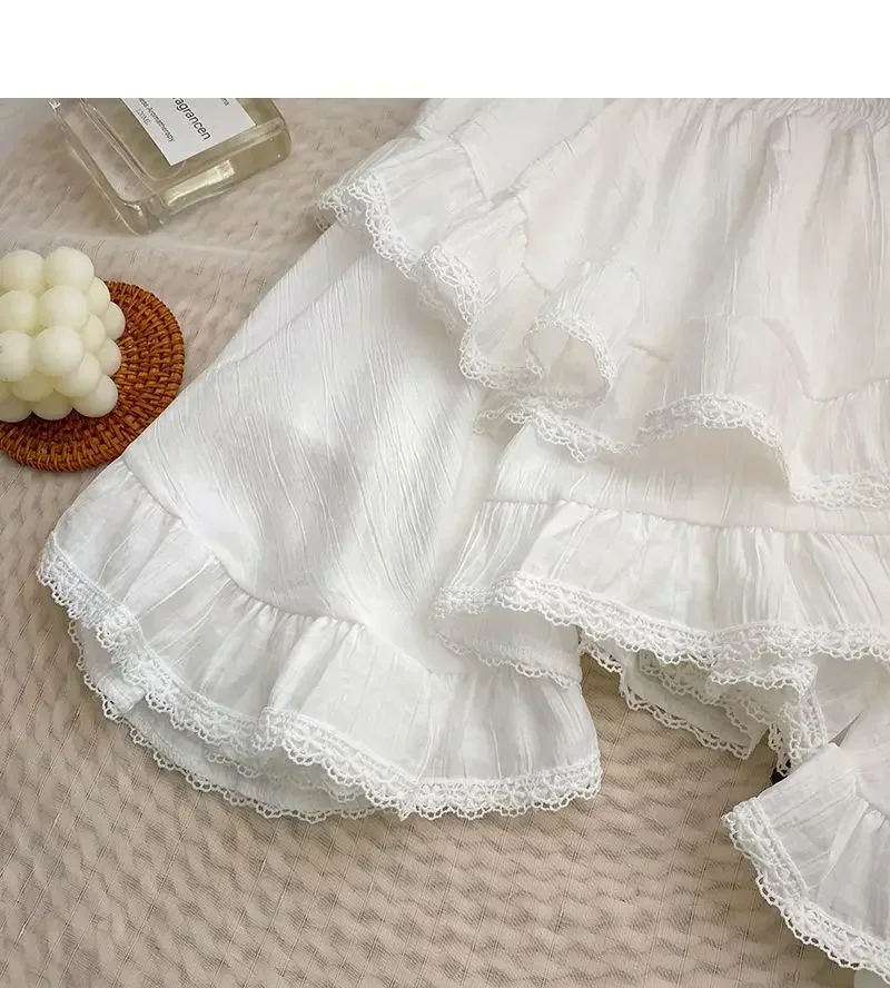 Lace High Waist Irregular Cake Skirts for Women A-line Sweet Girls All-match Korean Fashion Spring Summer Black White