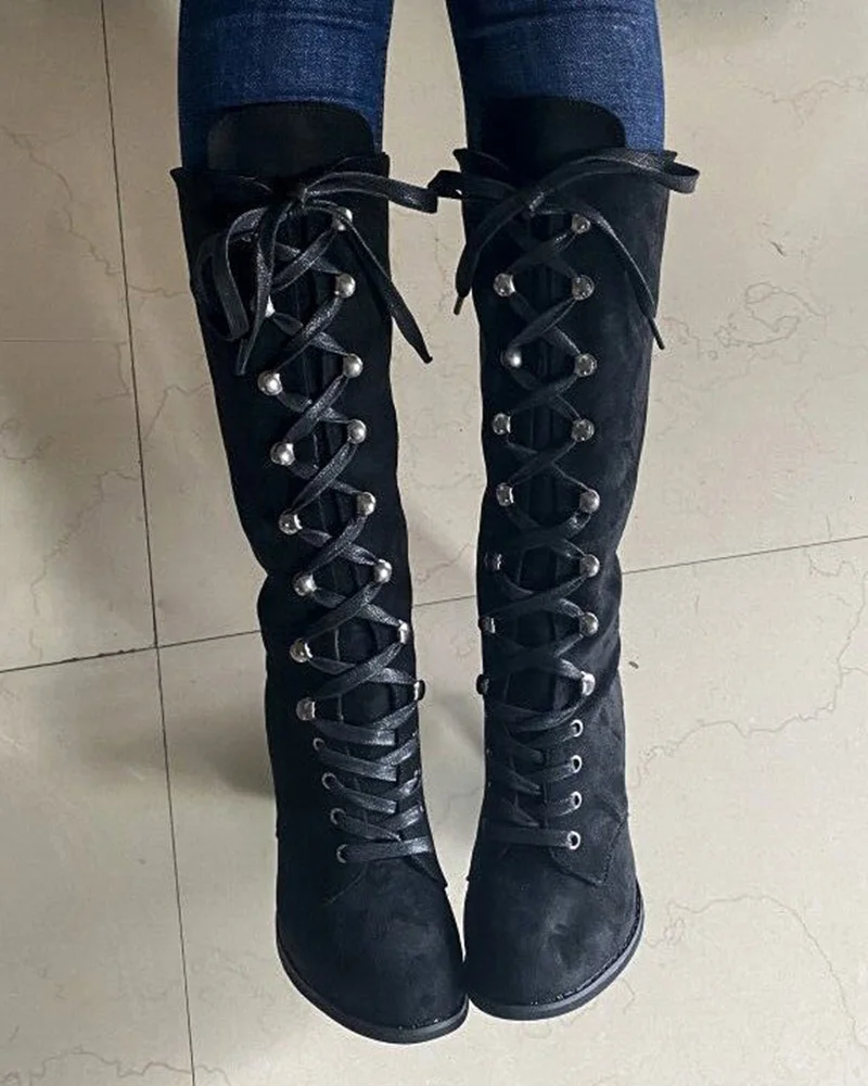 

Women Fashion Casual Autumn Winter Solid Color Low Heel Round Toe Women's Shoes Lace-up Chunky Heel Boots