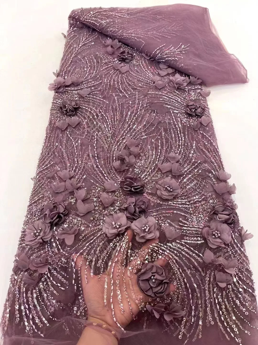 

African French Beaded Lace Fabrics 2024 High Quality Tulle Lace 5 Yards Nigerian Embroidered Dress Material For Party Wedding