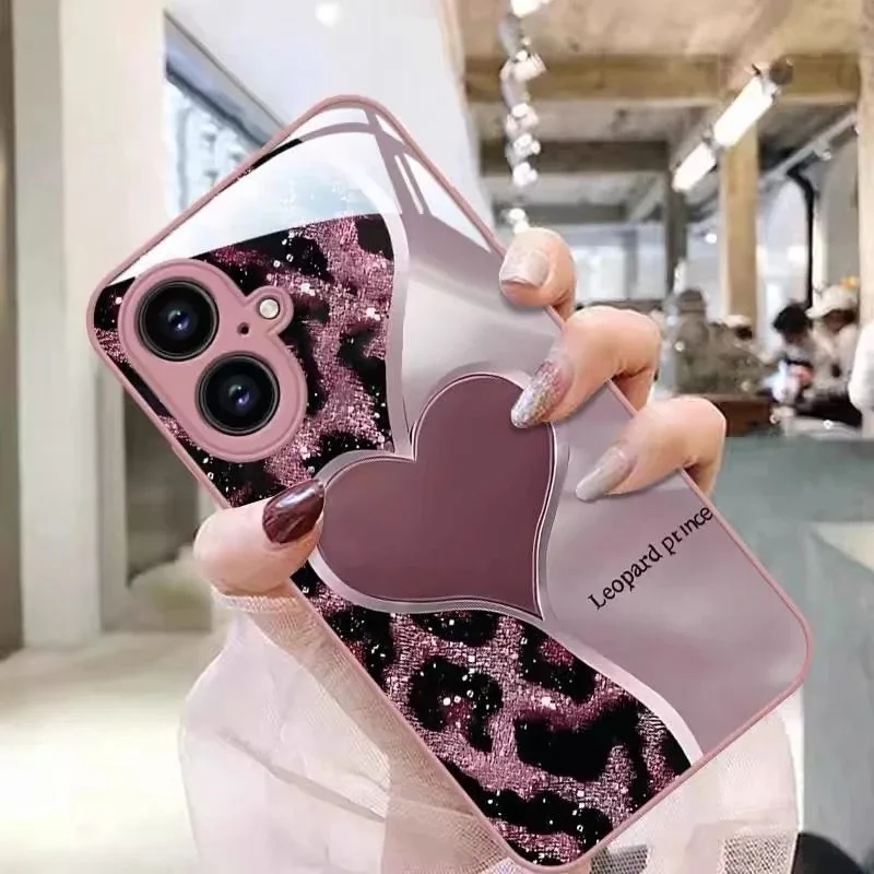 Leopard-Print Heart Phone Case with Tempered Glass Protection