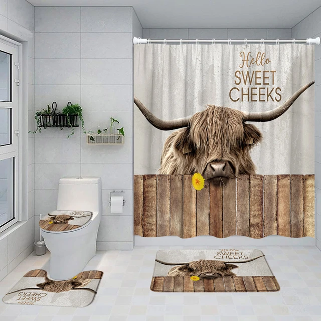 Cow Bath Mat Set Funny Rustic Wooden Farmhouse Highland Western Animal Low  Pile Flannel Bath Rug Toilet Cover U-Shaped Carpet