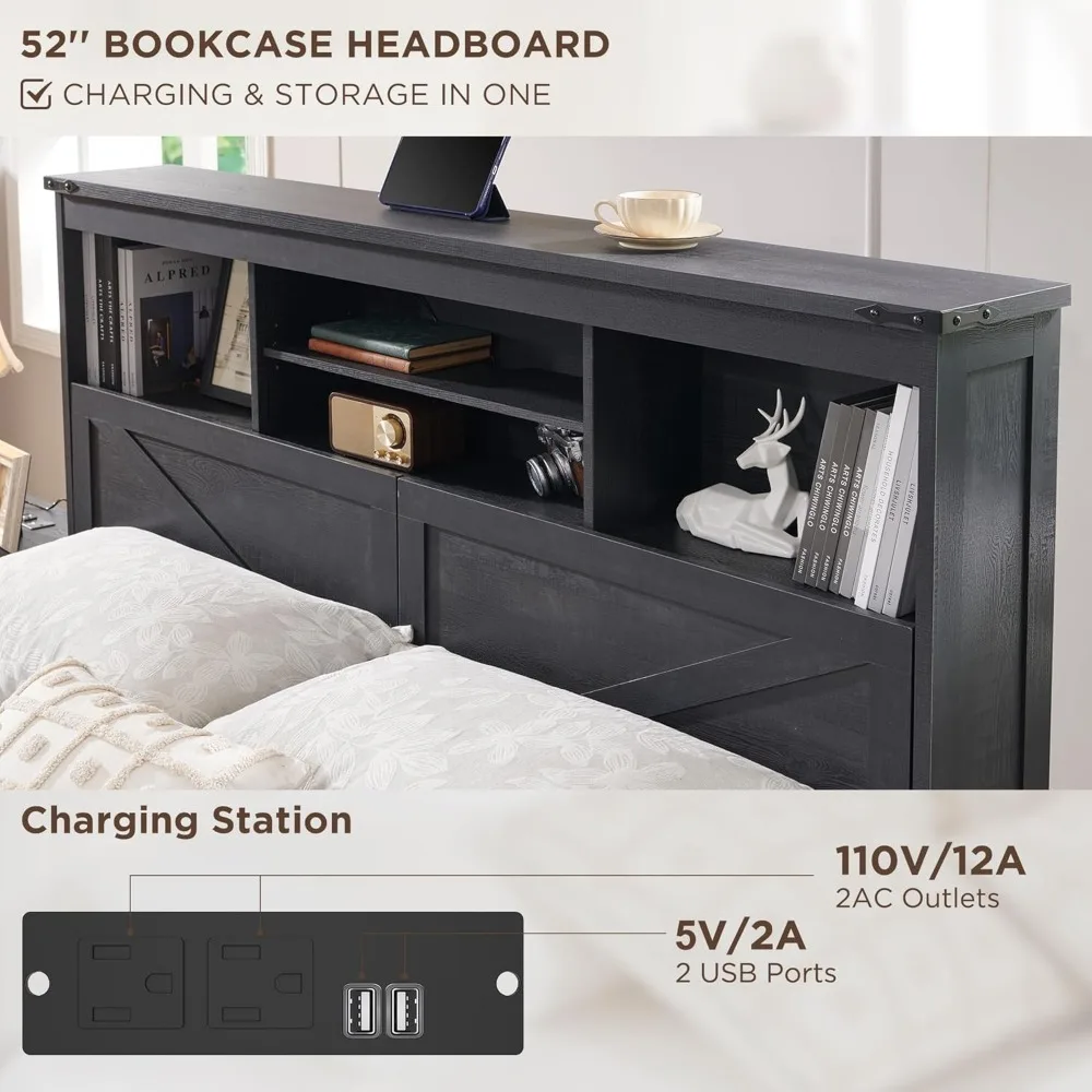 King Wood Bed Frame W/ 52" Tall Storage Headboard and 4 Drawers,LED Light,Charging Station, Solid Wood Slats Support, Bed Frame 4