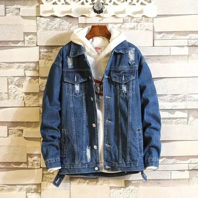 thumbnail image 1 of Abrigo vaquero para hombre, chaqueta vaquera con botones, holgado, con agujeros, rasgado, estilo rockero, de Corea, nuevo, al precio más bajo, ropa de hombre de moda desgastada, 1 of 5