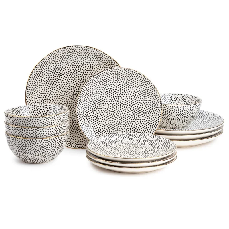 ThymeTableDinnerwareBlackWhiteDotStoneware12PieceSetvajilla