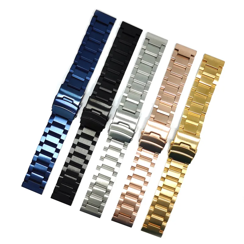 

18MM 20MM 22MM 24MMSilver Black Blue Gold Solid Stainless Steel Three-bead Strap Stair-style Frosted Brushed Classic Men's Strap