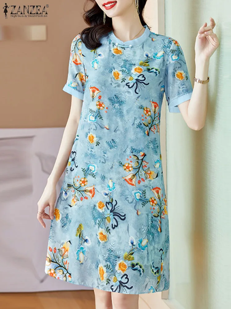

ZANZEA Elegant Stand Collar Mini Dress 2023 Fashion Women Cheongsam Chinese Dresses Short Sleeve Floral Printed Party Sundress