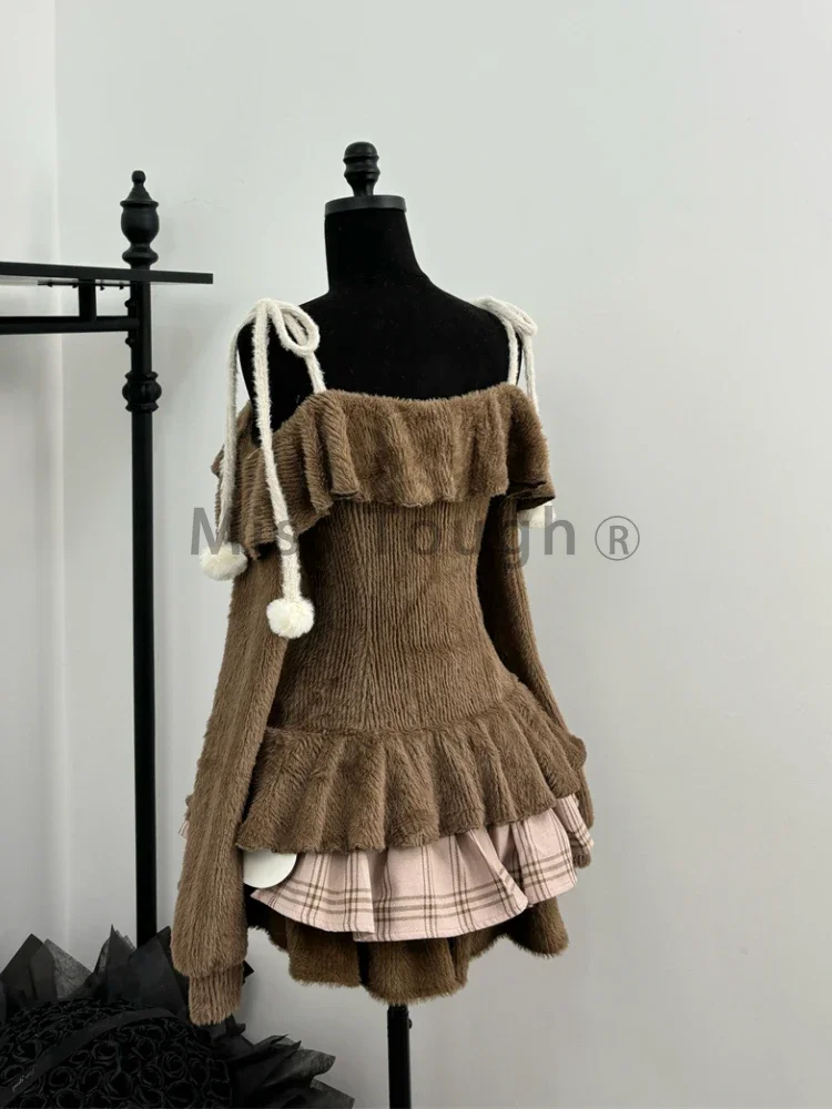 Sweet Kawaii 2 Piece Sets Women Japanese Y2k Brown Retro Tops + Chic Mini Cake Skirt Female Princess Elegant Outfits Spring 2025 2