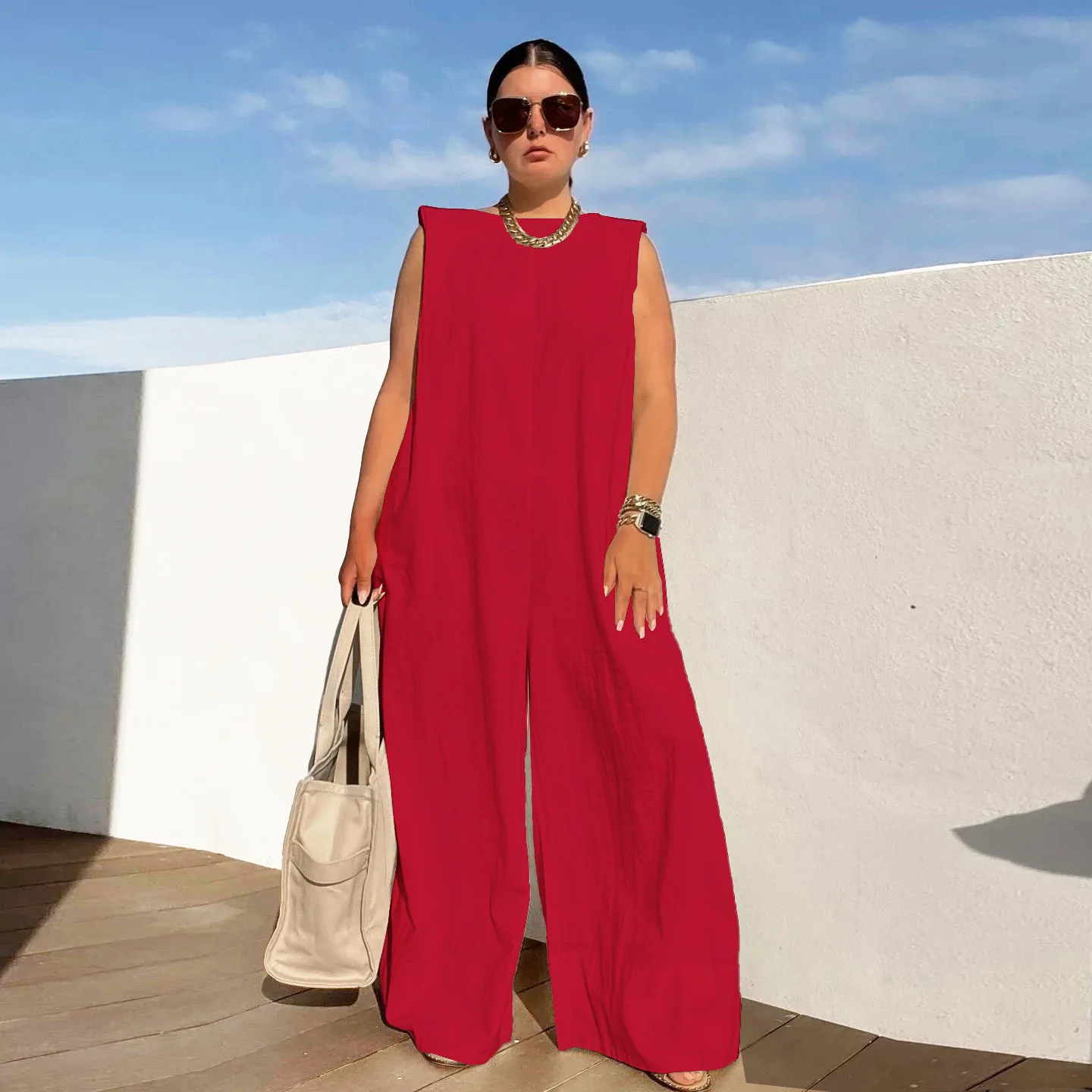 Ladies Bib Pant Suspender Trouser Summer Loose Female Women One-Piece Sleeveless Wide-Leg Rompers Overalls Jumpsuit Streetwear 4