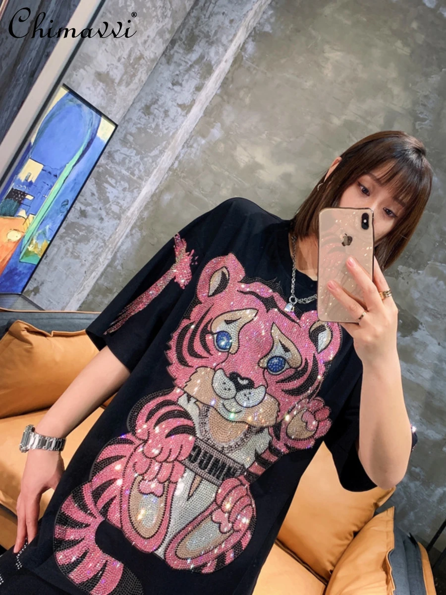 

Summer T-shirt Hot Drilling Pink Tiger Men's and Women's Black Tees Top Light Luxury Streetwear Round Neck Short Sleeve Tshirts