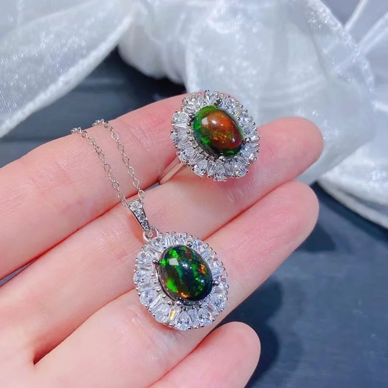 

Black Opal Ring and Pendant Set for Party 8mm*10mm Total 4ct Dyed Natural Opal Jeweley Set Solid 925 Silver Gemstone Jewelry