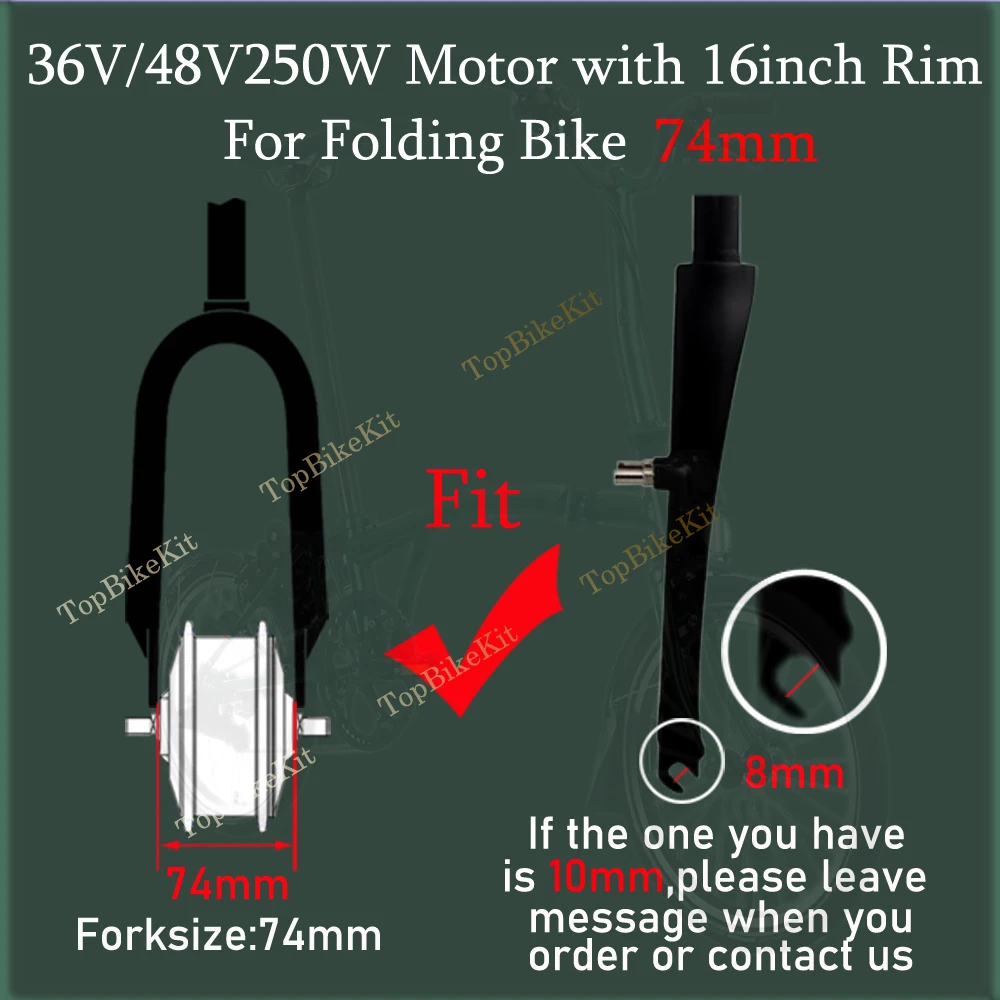 7441R 74mm 접이식 자전거 파워 모터 TBK-74AD 36V 250W 전륜 브러시리스 허브 모터 74mm 28홀 +16인치 349 휠 림에 적합