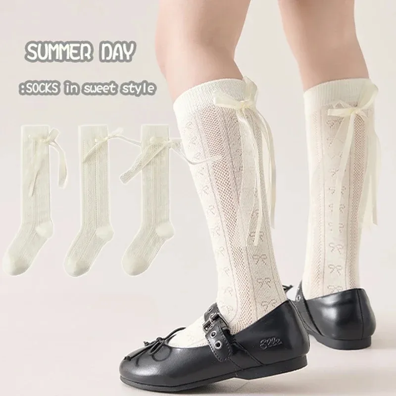 White Hollow Girls Lace Bows High Long Socks Mesh Over Knee Thin Socks for Kids Kawaii Lolita Princess Socks School Stockings
