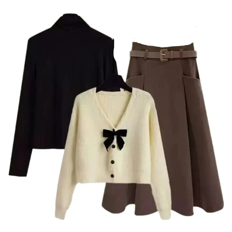 

Spring and Autumn Women's Set 2024 New Korean Fashion Cardigan Versatile Bottom Shirt Half Skirt Three Piece Set Fashion