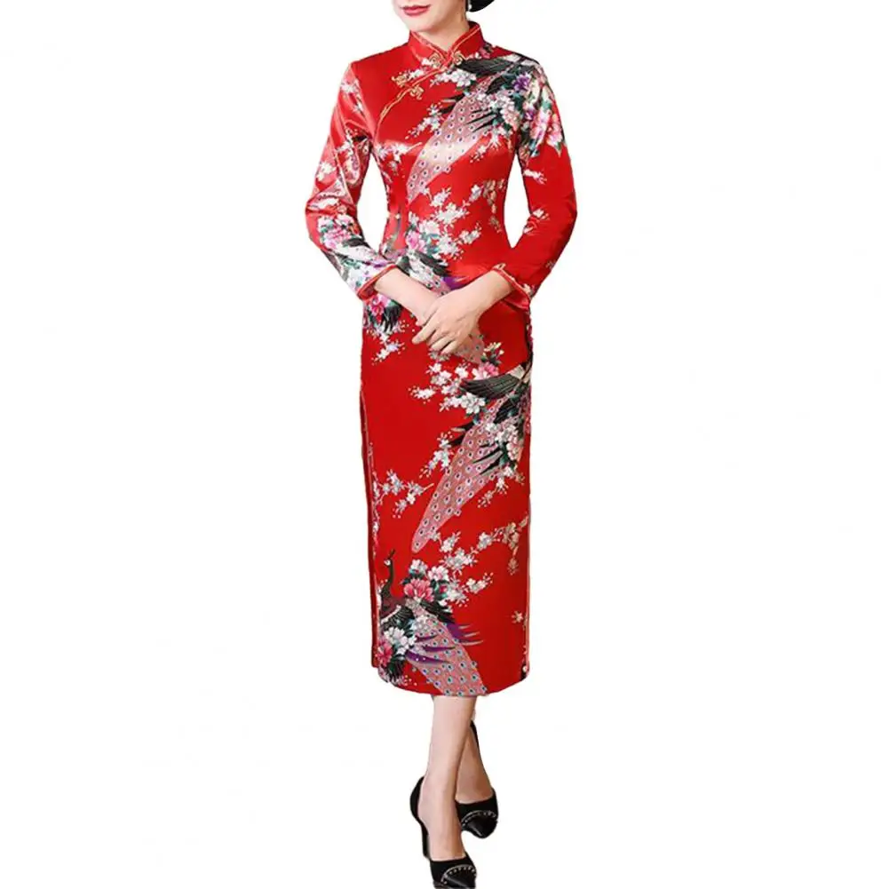 Women Dress Chinese National Style Three Quarter Sleeves High Side Split Cheongsam Satin Silky Slim Fit Summer Spring Qipao