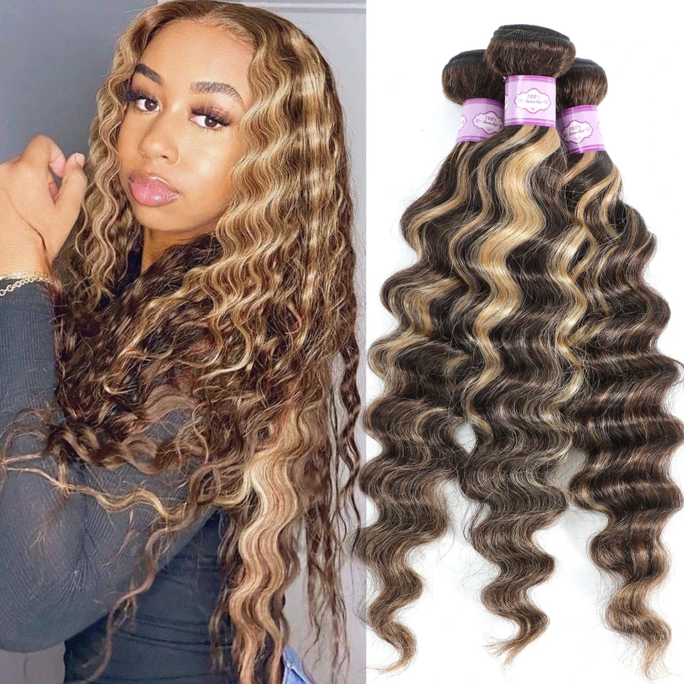 30 Inch Human Hair Bundles Highlights Loose Deep Waves Bundles Human