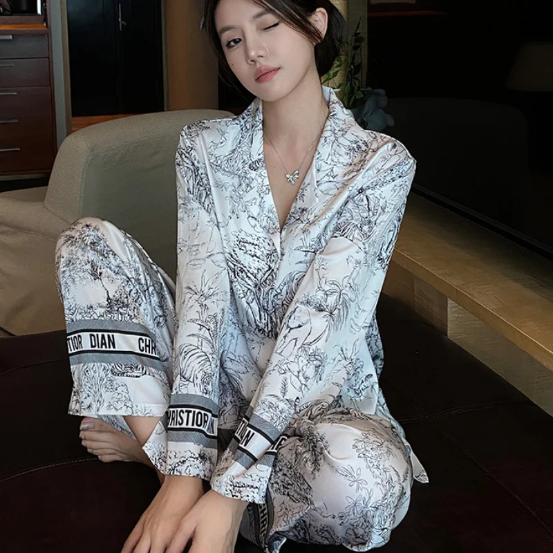 패션 프린트 꽃 잠옷 세트, 봄 가을 여성 잠옷, 라운지웨어, 긴팔 바지, 파자마 정장, 루즈 새틴 홈웨어