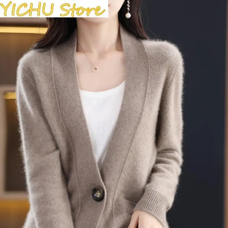 

New Autumn/Winter Women Cashmere Sweater V-neck Knitted Jacket Fashion Korean Merino Woolen Garment Top Casual Large