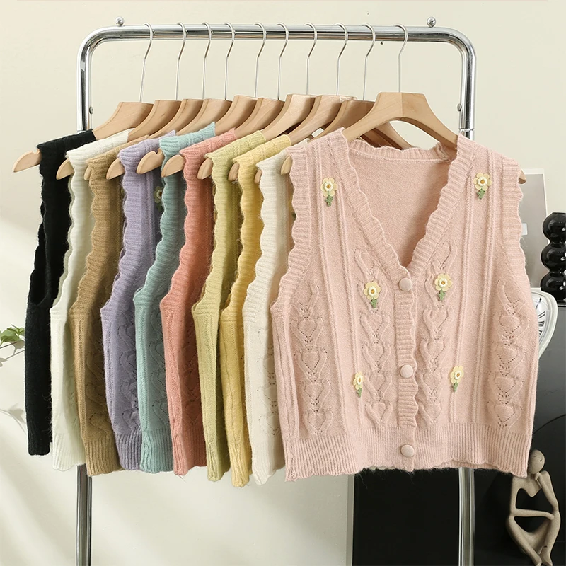 

Женский вязаный жилет с цветочной вышивкой, свободный винтажный кардиган без рукавов, свитер на весну и осень
