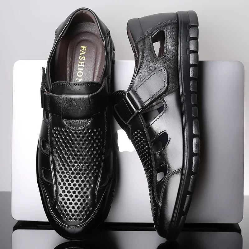 Men Summer Leather Sandals Cozy Hollow Non-slip Soft Lighted Breathable All-match Wearable Fashion Work Shoes