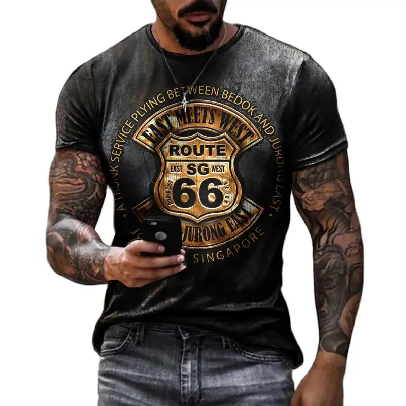 2022 Summer New Men's Retro T-Shirts US Route 66 Letter Print Short Sleeve Oversized Loose Clothes Crew Neck Top Streetwear 6xl