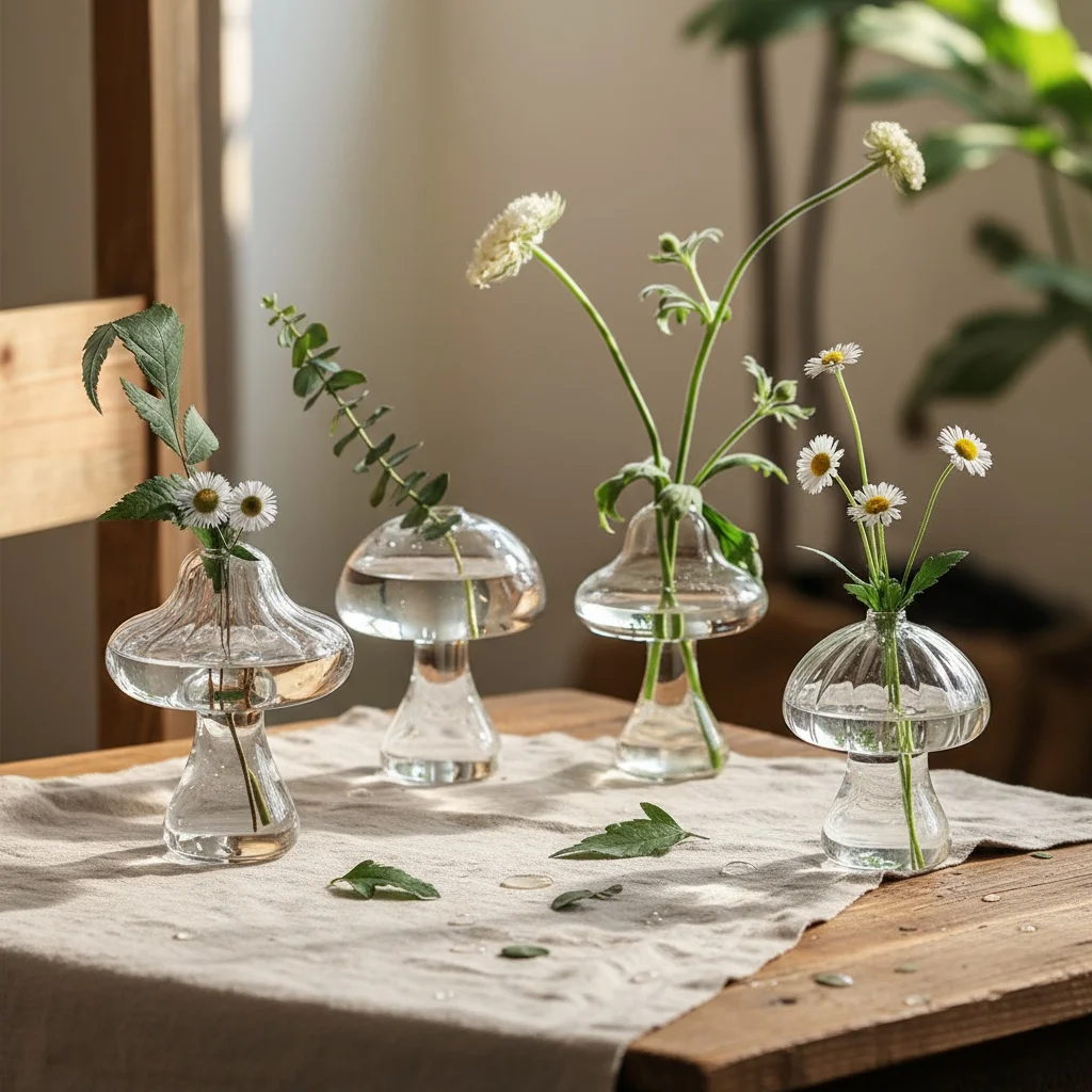 1PC, colored glass mushroom decorative vase, glass material indoor home decoration item, simple solid-color home decoration