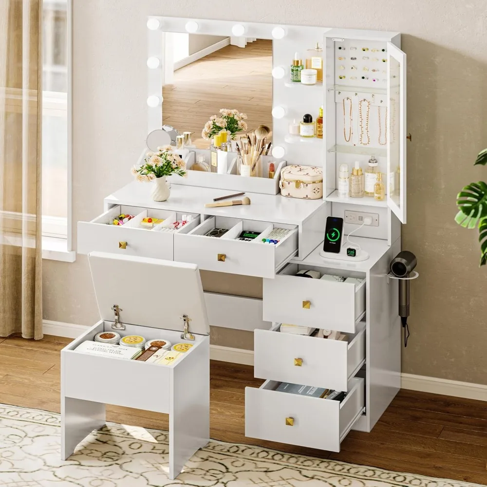 Vanity Desk with Mirror and Lights, White Makeup Vanity with 5 Drawers Hidden Jewelry Organizer& LED Glass Cabinet,3 Light Mode 5