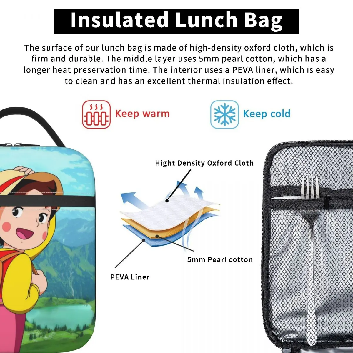 Alps Mountain Happy Girl Heidi Insulated Lunch Bags for Work School Anime Cartoon Leakproof Cooler Thermal Bento Box Women Kids