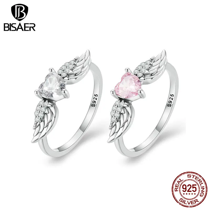 BISAER  러브 앤 윙 스테이트먼트 반지, 사이즈 6-9 하트 지르콘 밴드, ..