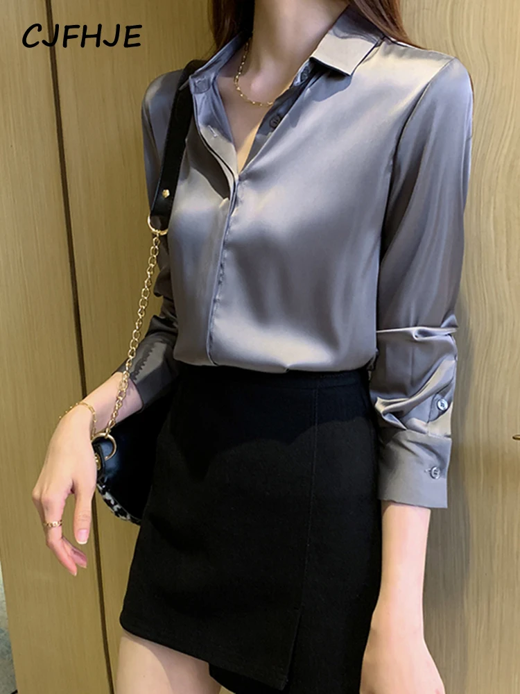 CJFHJE Red Silk Women Shirt Long Sleeve Satin Fashion Purple Blouses Female Solid Color Basic Elegant Lady Tops Gray OL Clothing