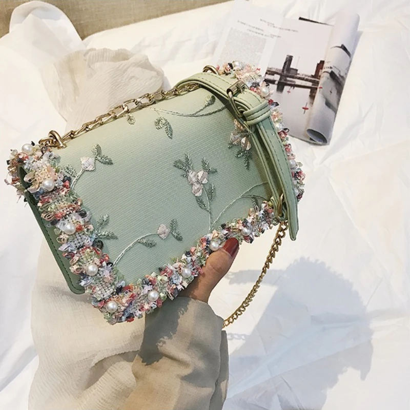 New Fashion Women Floral Printed Mini Chain Bag Shoulder Bag Tote Purse Handbag New Lace Crossbody Chain Shoulder Women's