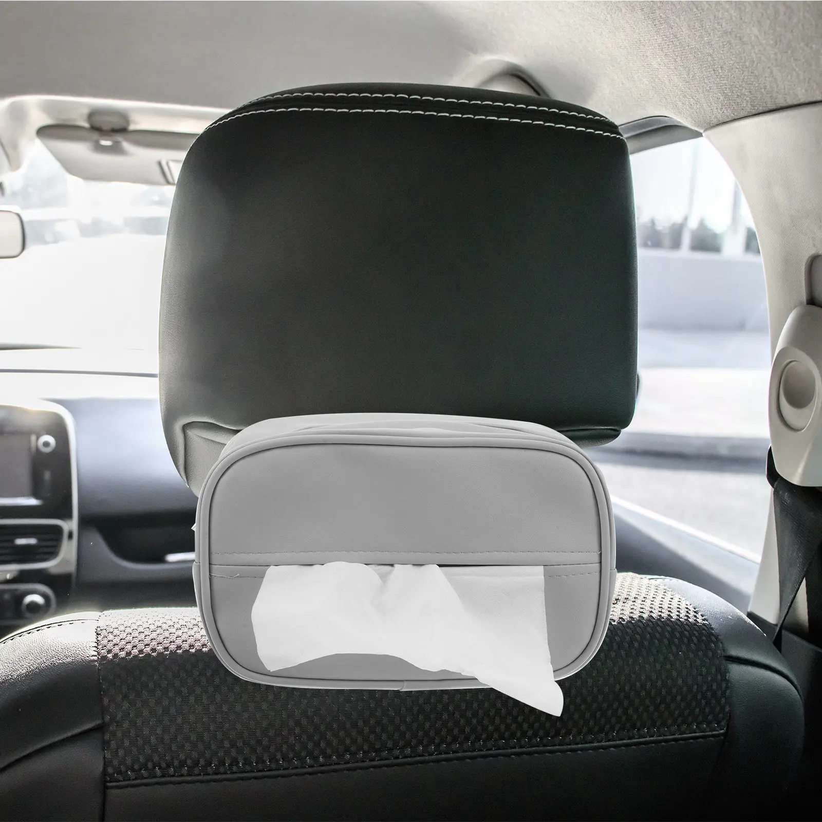 자동차 티슈 박스 홀더 PU 직사각형 8.6x5.5x2.4 인치 컵 홀더 팔걸이용 블랙 퀵 릴리스 버클 자동차용