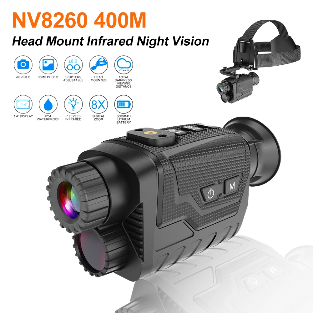 

NV8260 Head Mount 4K 36MP Infrared Night Vision Monocular ±8.0 Diopters 400M No Light Vision 8X Digital Zoom Hunting Telescope