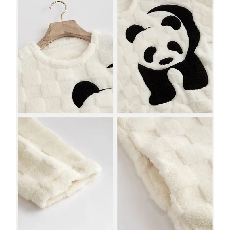 Coral Velvet Pajamas Women Winter Panda Embroidery Simple Homewear Suit Female Round Collar Thickened Thermal Nightclothes Sets