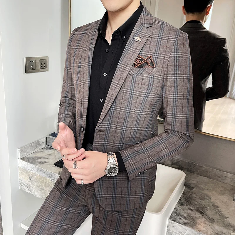 

( Blazer + Pants ) Men suits 2 Piece Set Male Wedding New 2021 Autumn Business Formal Plaid Suit Luxury Slim Fit Coat Trousers