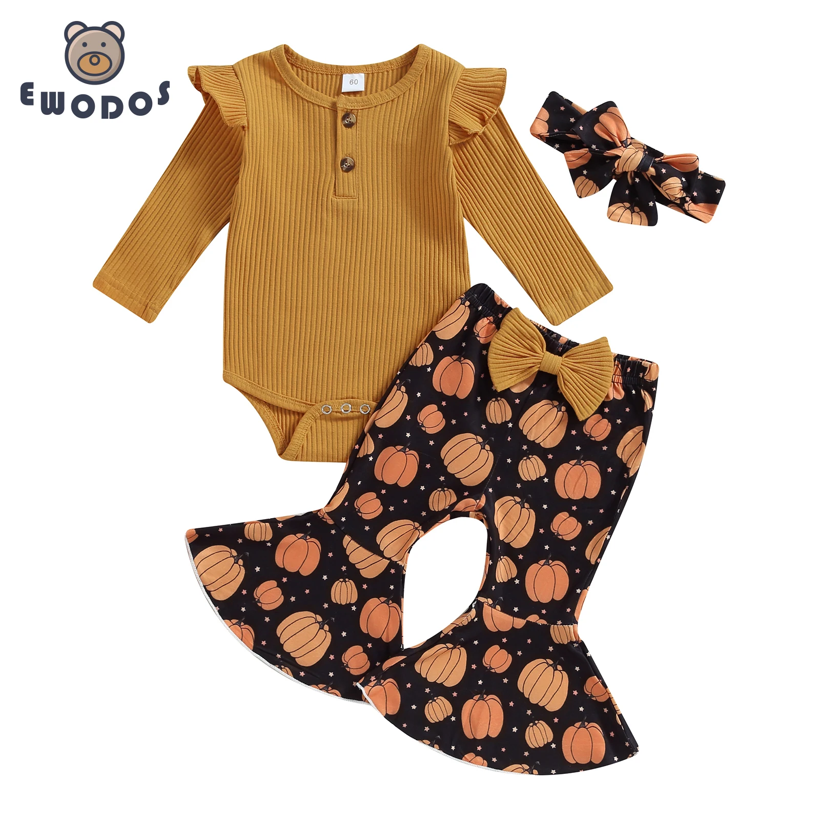 

EWODOS Toddler Baby Girls Halloween Outfit Pants Set Long Sleeves Bodysuits and Pumpkin Print Flared Pants Headband Fall Clothes