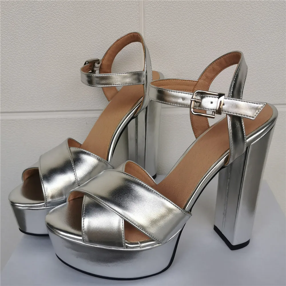 

Woman Chunky Heel with Platform Fashion Sandals Silver with High-Heeled Shoes Sexy Femalef Shoes