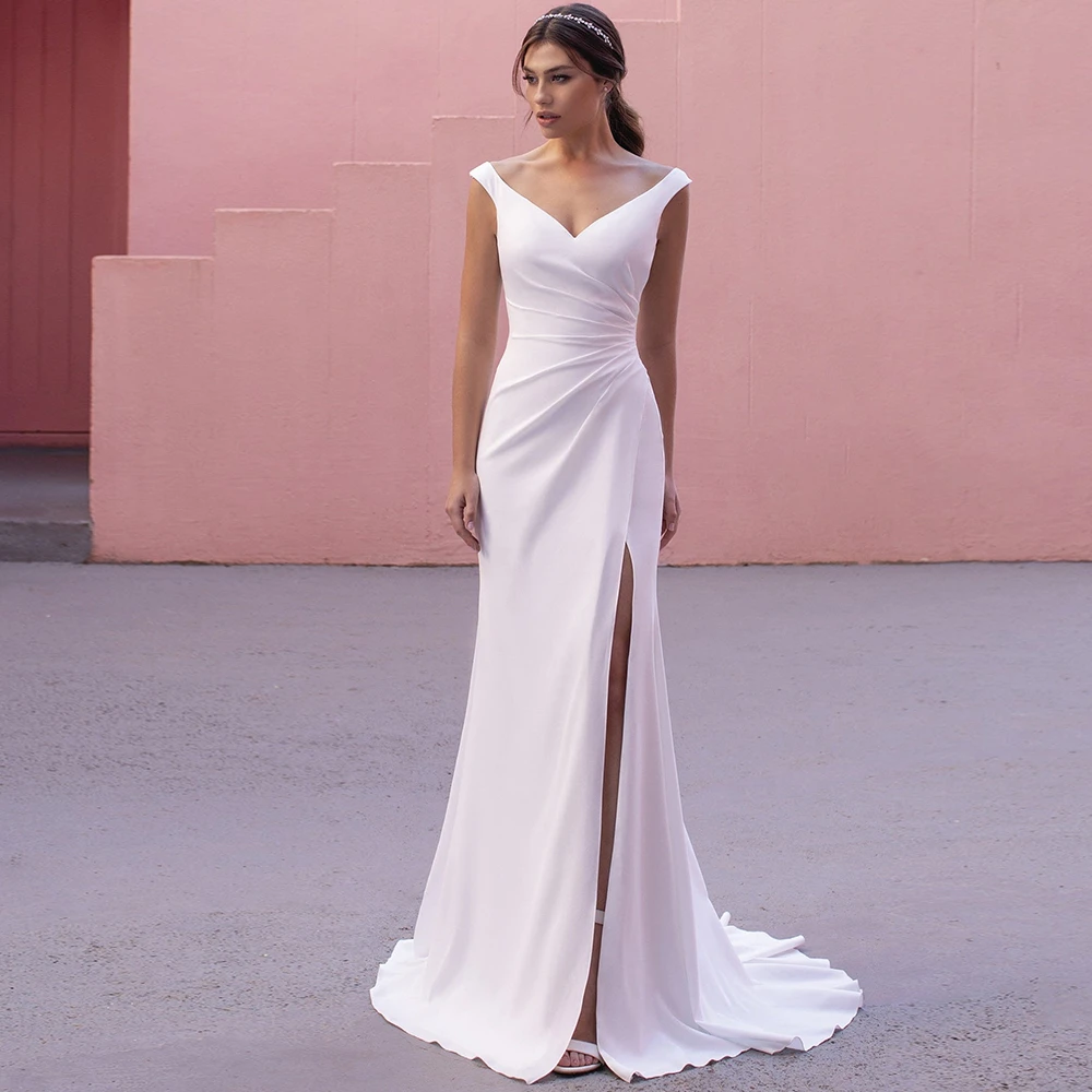 Formal Dress Mulberry Spaghetti Straps V-Neck Sleeveless Pleats Zipper Stretch Satin Formal Dresses With Split main image 1