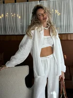 Ensemble chemise en coton et lin pour femmes, couleur unie, décontracté, Chic, chemisier boutonné, cordon de serrage, pantalon à jambes larges, vêtements de vacances d'été, 2025 3