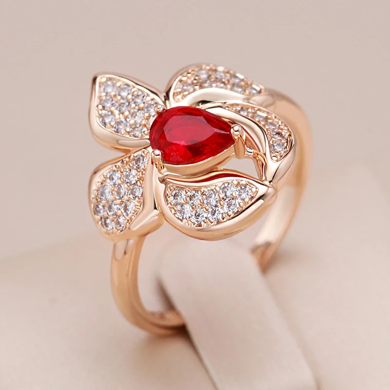 Kinel Luxury Red Natural Zircone Flower Big Ring Per Le Donne Fashion 585 Rose Gold Color Vintage Wedding Bride Fine Daily Jewelry