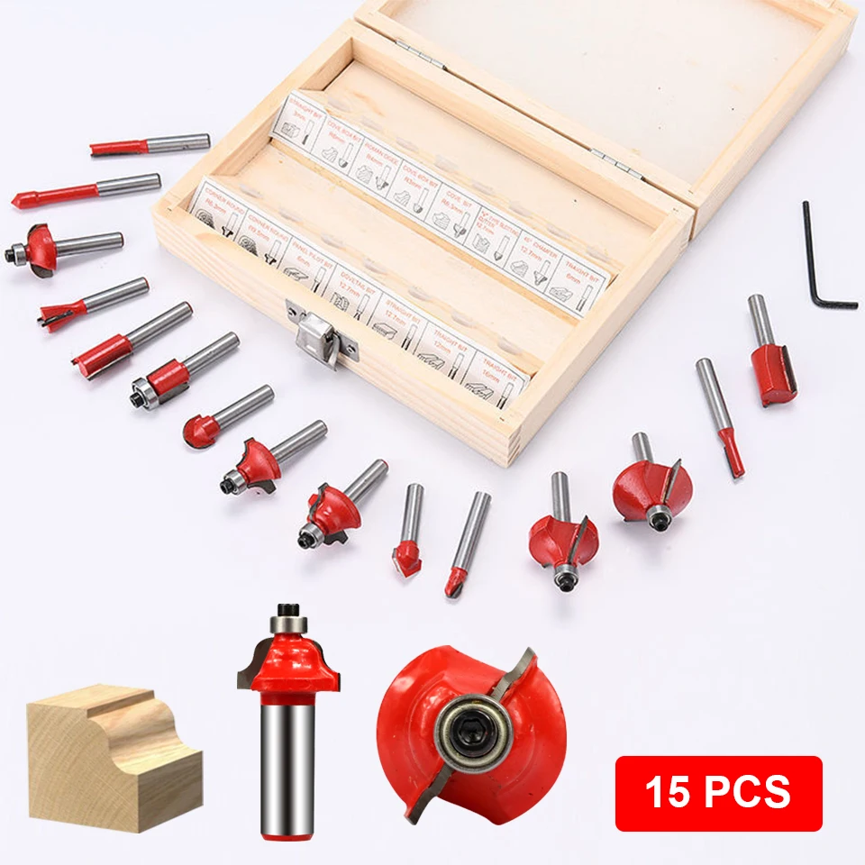 Wood Router 15 pcs Milling Cutter Kits Woodworking Electric Trimmer Milling Engraving Slotting Trimming Machine