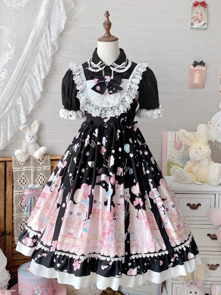 Gothic Sweet Lolita Dress Square Collar Cat Printing Designer JSK Dress Bow Sleeveless Lace Ruffles Lace Girly Camisole Dresses